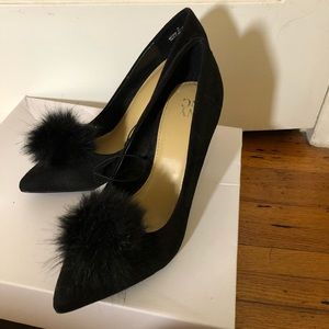 Black Pom Pom top pointy faux suede pump